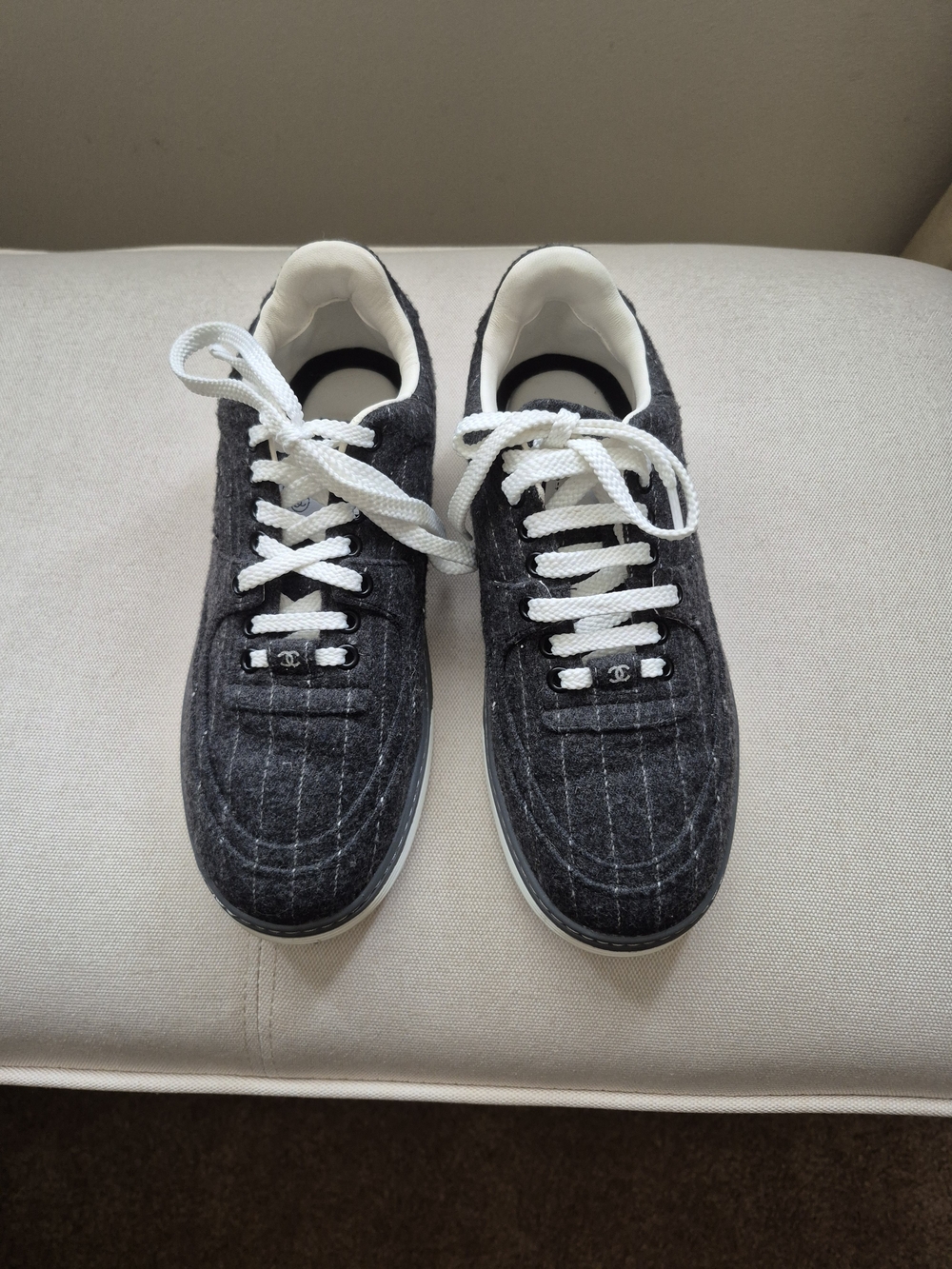 Chanel Men's Gray Pinstripe Low-Top Sneakers